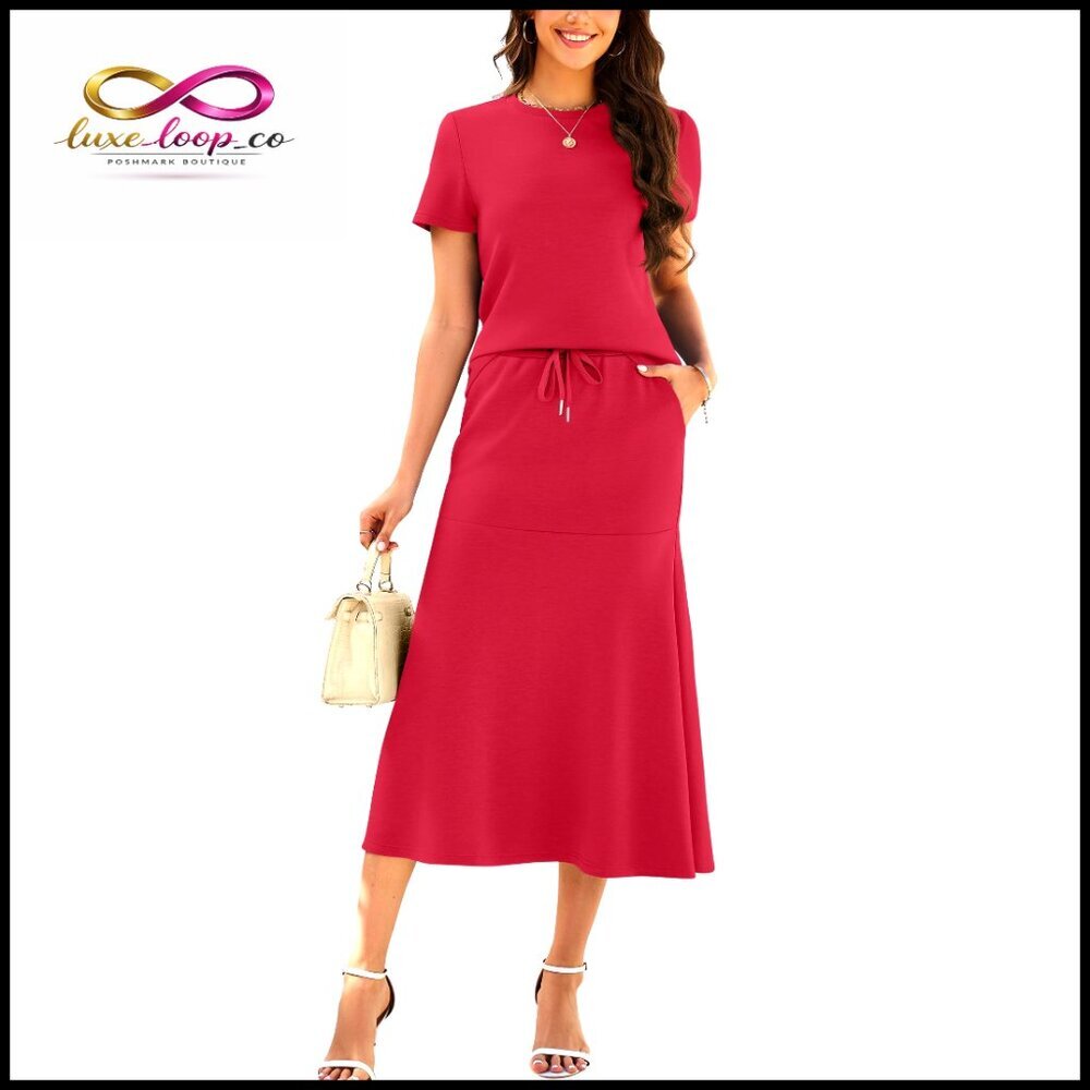 Two Piece‎ Skirt Set with Pockets, Short Sleeve Top, Midi Fishtail Skirt